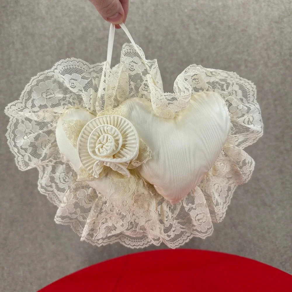 Double Heart‎ Shaped Pillow White Lace Trim Romantic Wedding Accent